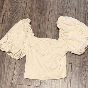 Express Cream Puff-Sleeve Square-Neck Crop Top - Cream